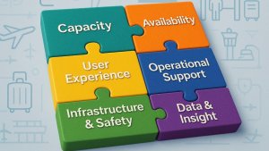 Airport puzzle showing availability user experience capacity operational support and data insights as pieces